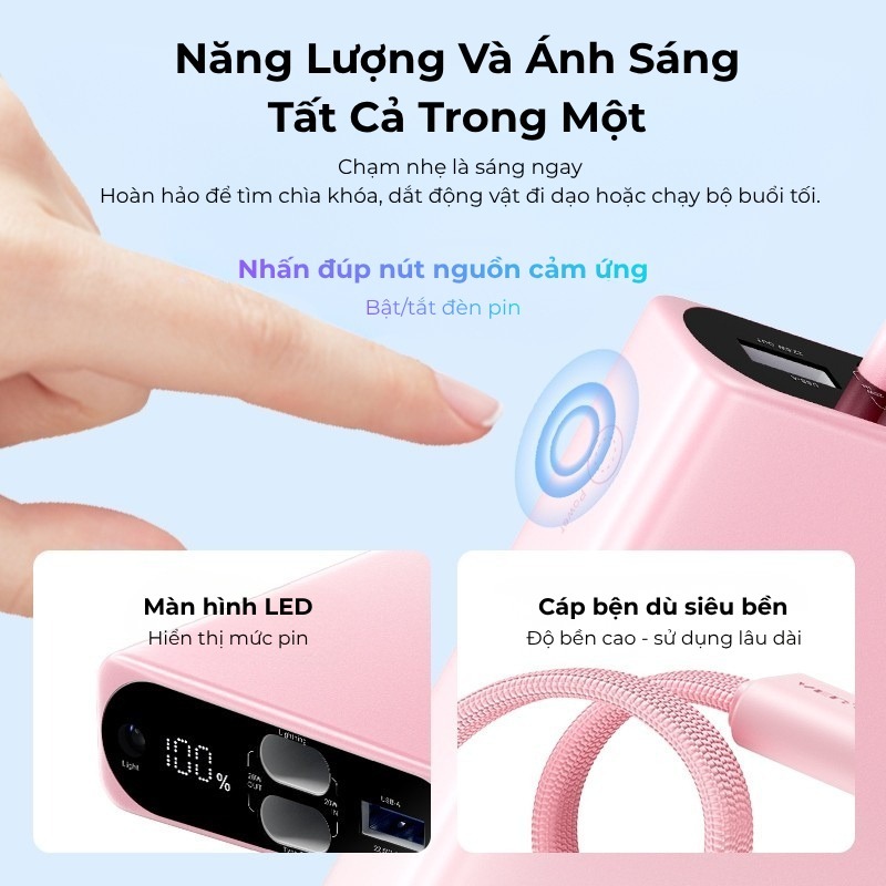 Pin Sạc Dự Phòng 10000mAh 22.5W Vention Tích hợp đèn pin, Hỗ trợ 3 cổng sạc USB-C, USB-A, Light | BigBuy360 - bigbuy360.vn