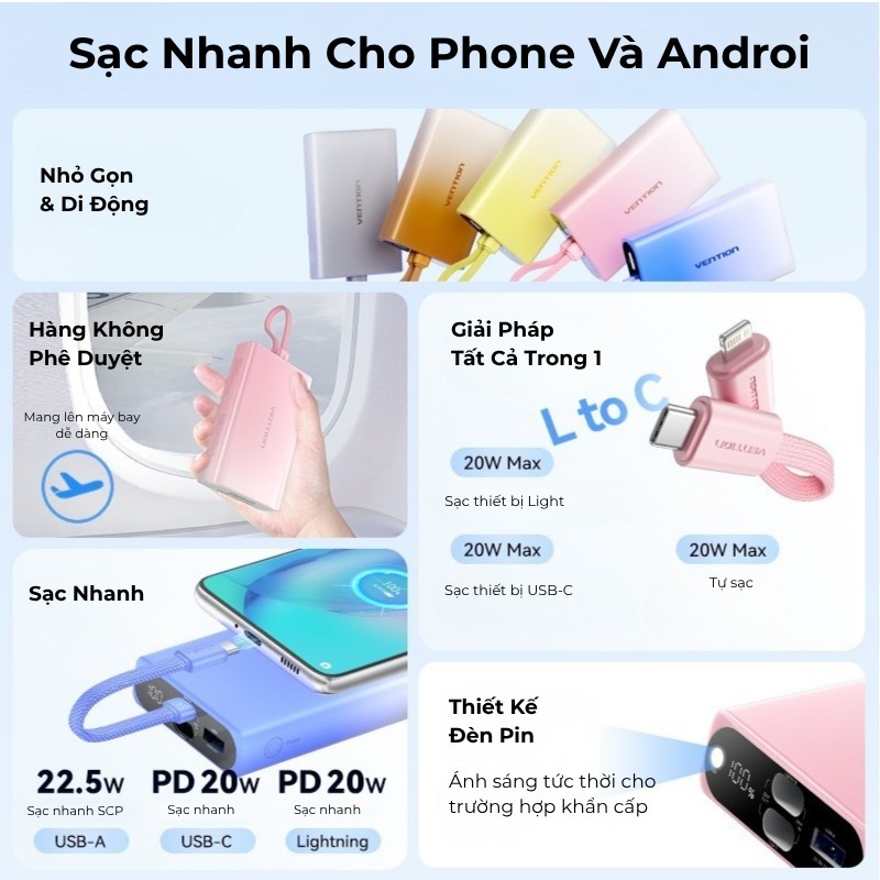 Pin Sạc Dự Phòng 10000mAh 22.5W Vention Tích hợp đèn pin, Hỗ trợ 3 cổng sạc USB-C, USB-A, Light | BigBuy360 - bigbuy360.vn