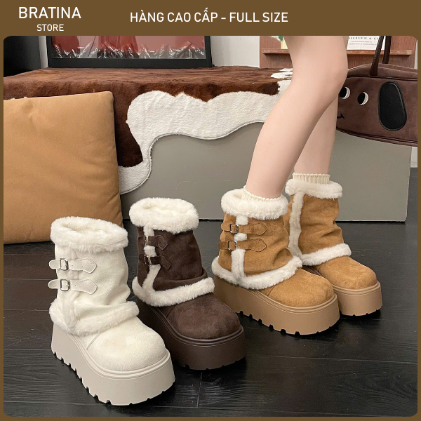 Giày bốt tuyết nữ lót lông cừu dày dặn, đế dày, kiểu retro trắng, mùa đông mới 2025 BRATINA HA074