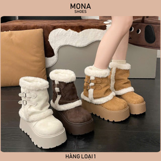 Giày bốt tuyết nữ lót lông cừu dày dặn, đế dày, kiểu retro trắng, mùa đông mới 2025, giữ ấm MONA HB074