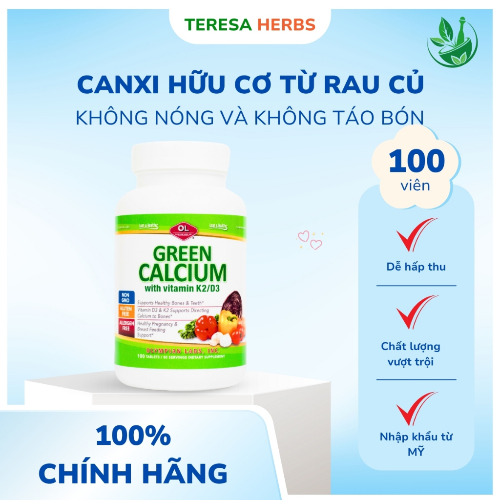 Canxi hữu cơ bổ sung D3K2, Magie, Vitamin C Olympian Labs Green Calcium (Lọ 100 viên)