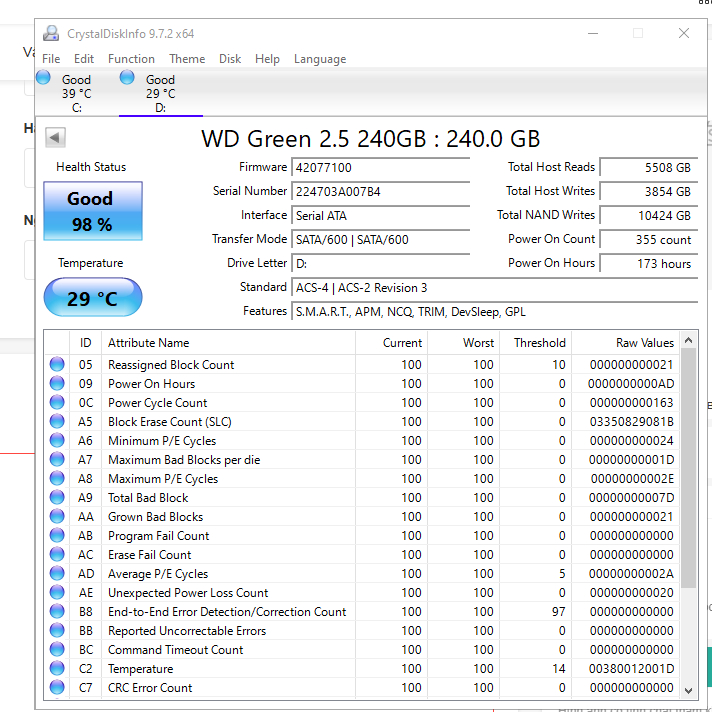 (SSD Used) SSD WD Green 2.5 240GB SK 98%