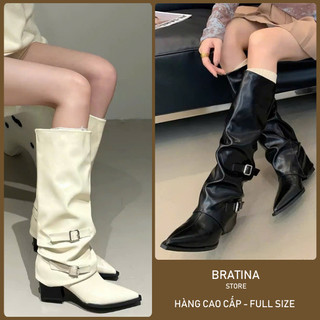 Giày Bốt Nữ Ống Cao Da Mềm Cổ Nhún Khóa Đai Gót Vuông Mũi Nhọn Mũi Tròn Phong Cách Western - Bratina HB23