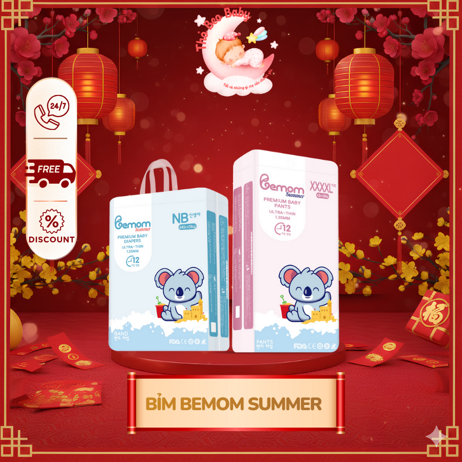 [New-Chính hãng] Tã Bỉm Hàn quốc Bemom SUMMER siêu mỏng mềm, đủ size NB/S/M/L/XL/2XL/3XL/4XL thấm hú
