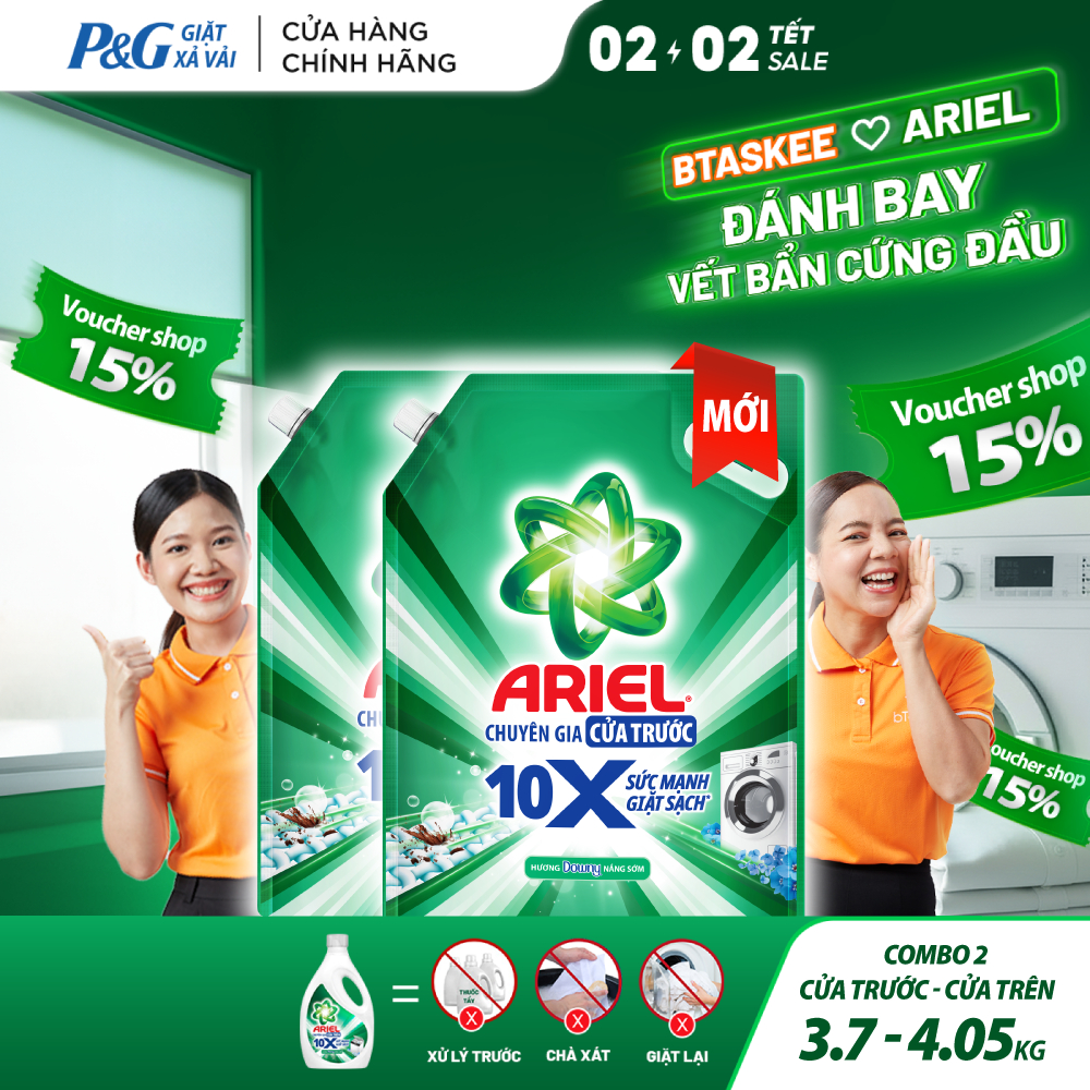 Combo 2 Nước Giặt Gel ARIEL 10X Sức Mạnh Giặt Sạch Chuyên Gia Hương Downy Nắng Sớm Cửa Trước Túi 3.7