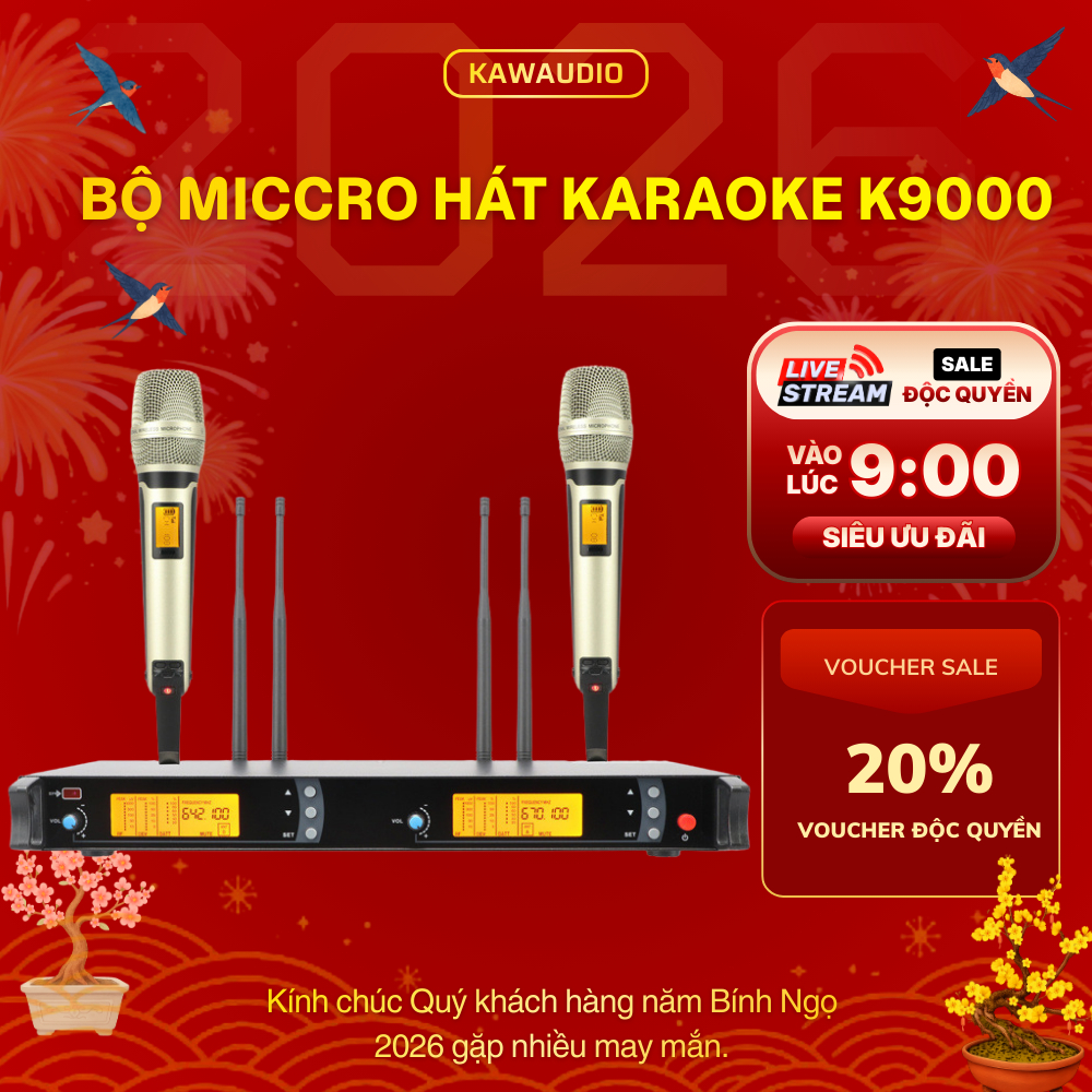 Bộ mic karaoke kèm đầu thu KAW K9000 UHF chống hú, chống rít bảo hành chính hãng 12 tháng