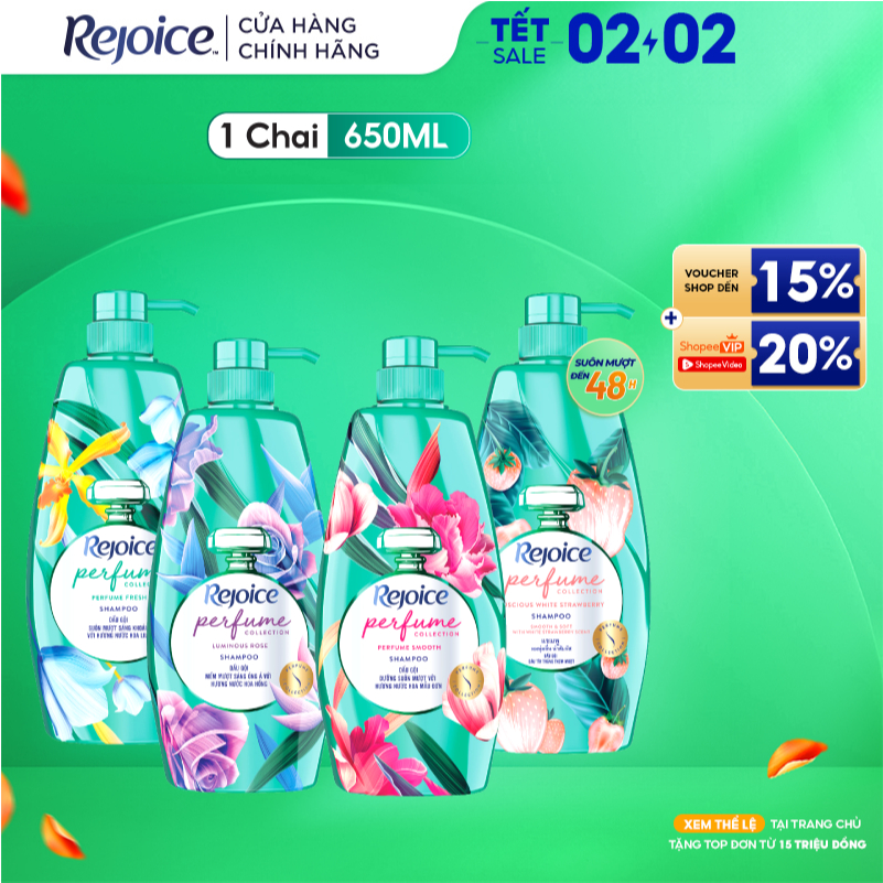 Dầu Gội REJOICE Hương Nước Hoa Mẫu Đơn/ Hoa Hồng/ Hoa Ly Ly/ Dâu Tây Trắng - Chai 650/632,3 ML