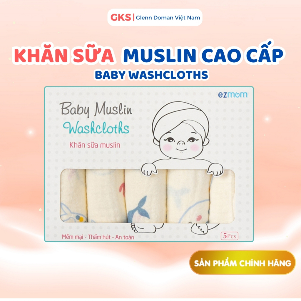 Set 5 Khăn Sữa Muslin Cao Cấp EZ mom Cho Bé, Organic Cao Cấp Mềm Mịn Thấm Hút Tốt