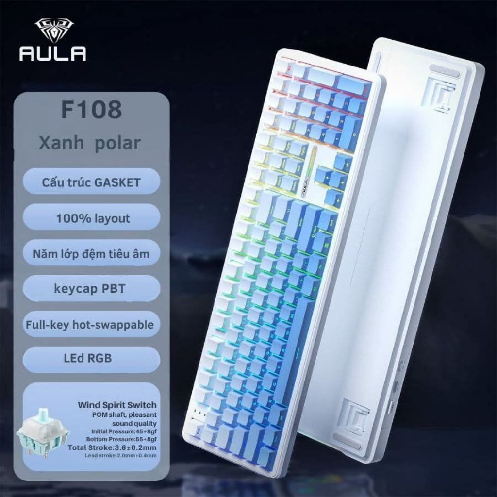 Bàn phím cơ không dây AULA F108, 3 Mode kết nối