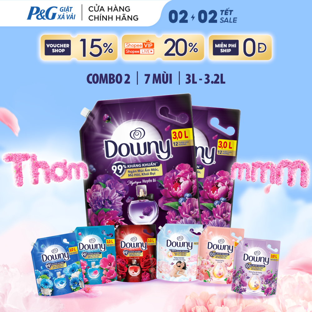 Combo 2 Túi Nước Xả Vải Downy Tinh Dầu Thiên Nhiên/Nước Hoa Cao Cấp Túi 3L