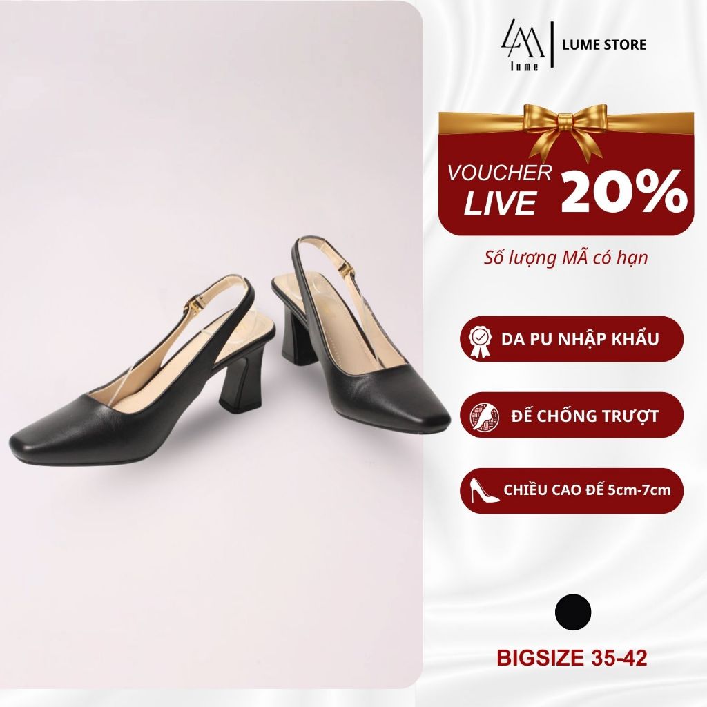 Giày Sục Cao Gót Quai Hậu Nữ LUME 20 Mũi Vuông Màu Đen Da PU Cao Cấp Cao 5cm 7cm, Đế cao su chống trơn trượt (VHĐ)
