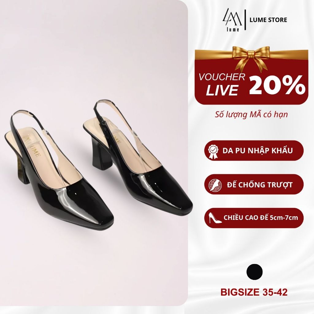 Giày Sục Quai Hậu Da Bóng Cao Gót Nữ, Mũi Vuông Màu Đen Da PU Cao Cấp, Đế Cao Su Non Chống Trơn Trượ
