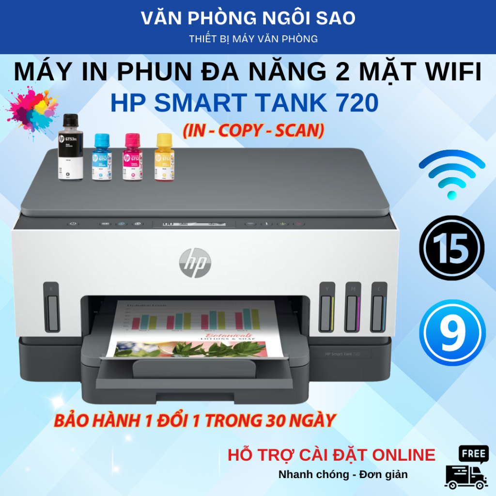 Máy in phun màu đa năng HP Smart Tank 720 All-in-One Printer - In 2 mặt, Scan, Copy, Wifi. Mới 100%