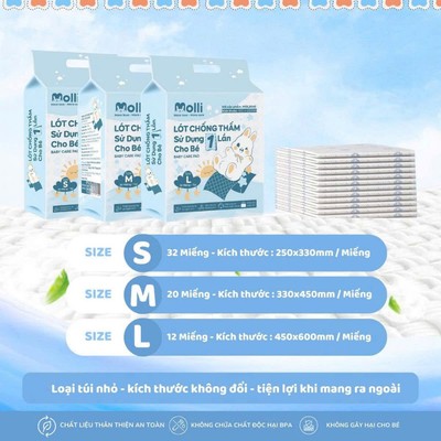 Tấm Lót Chống Thấm Dùng Một Lần Molli Cho Bé Size Nhỏ, Tấm lót thay tã bỉm cho bé ra ngoài KidsWorld
