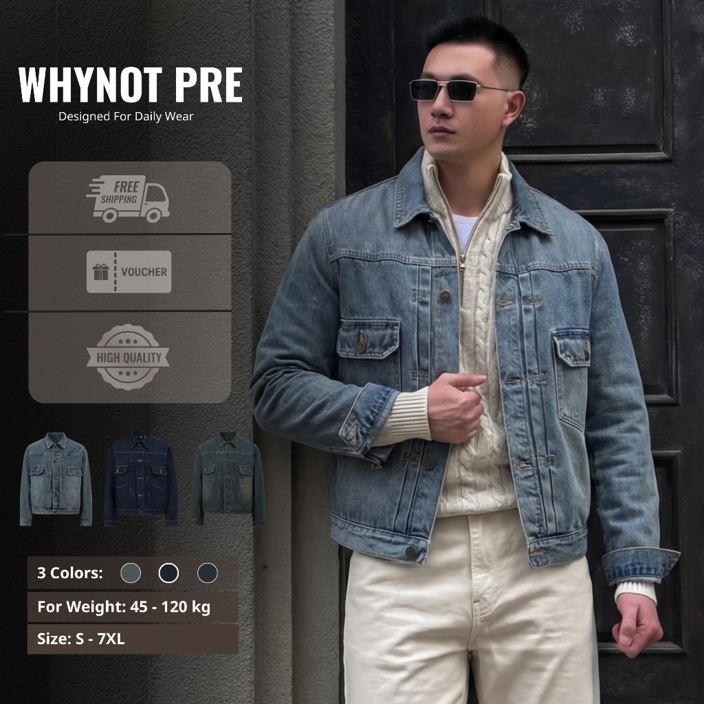 Jeans Jacket - WHYNOT PREMIUM -  Áo Khoác JEAN RETRO XANH Form Rộng Màu Indigo, Dusty Blue