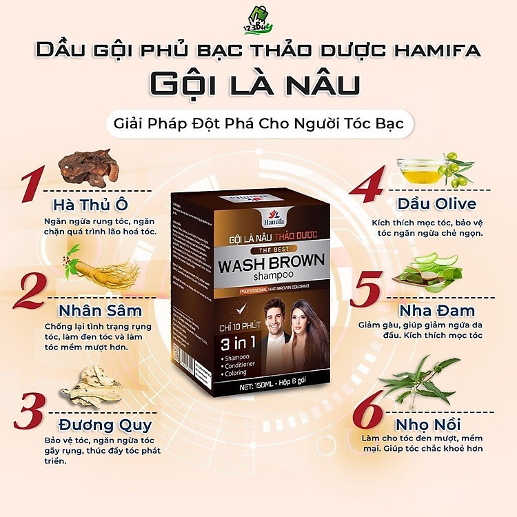Nhuộm phủ bạc 6 gói gội nhuộm là Nâu Hamifa Shampoo gội nhuộm Thào Dược