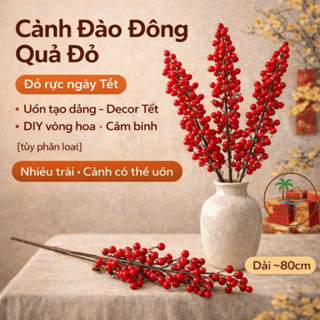 Cành Đào Đông Quả Đỏ Dài ~85cm Decor Tết, Cắm Bình, DIY Vòng Hoa, Trang Trí Nhà, Trang trí Tết Cafe