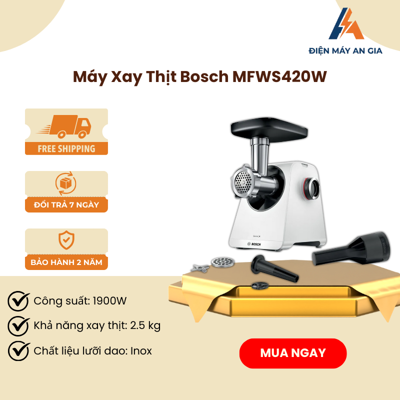 Máy Xay Thịt Bosch MFWS420W – Công Suất 1900W Mạnh Mẽ – 2 Tốc Độ Xay Linh Hoạt – PEB
