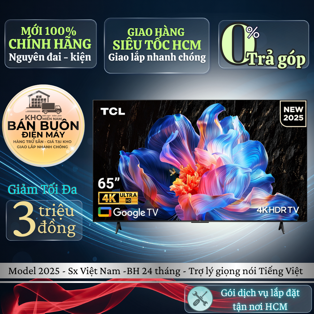 65P6K Google Tivi TCL 65 inch 4K HDR, Dolby Audio, AiPQ, Model 2025, chính hãng 65P6K