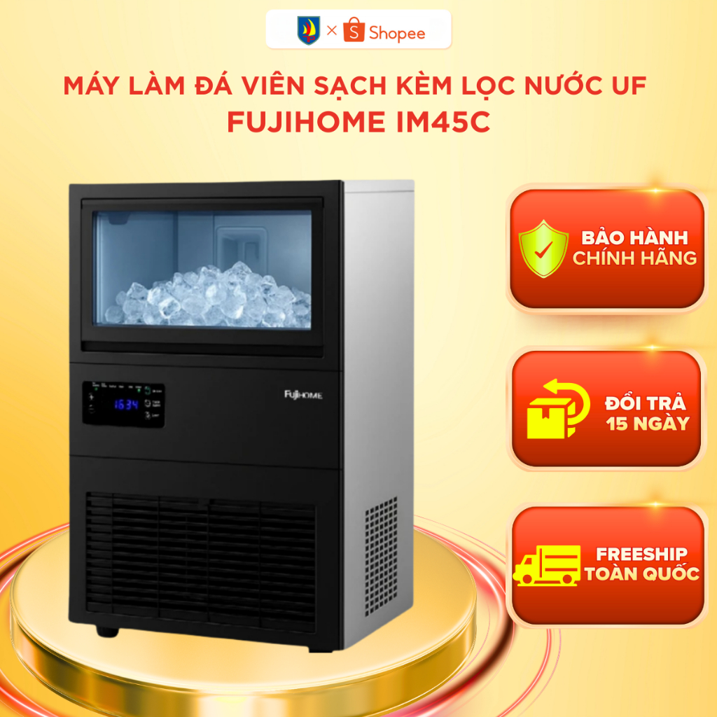 Máy Làm Đá Viên Sạch Kèm Lọc Nước UF Fujihome IM45C, Công Suất 40Kg/ngày, Màn Hình LED, Tự Vệ Sinh