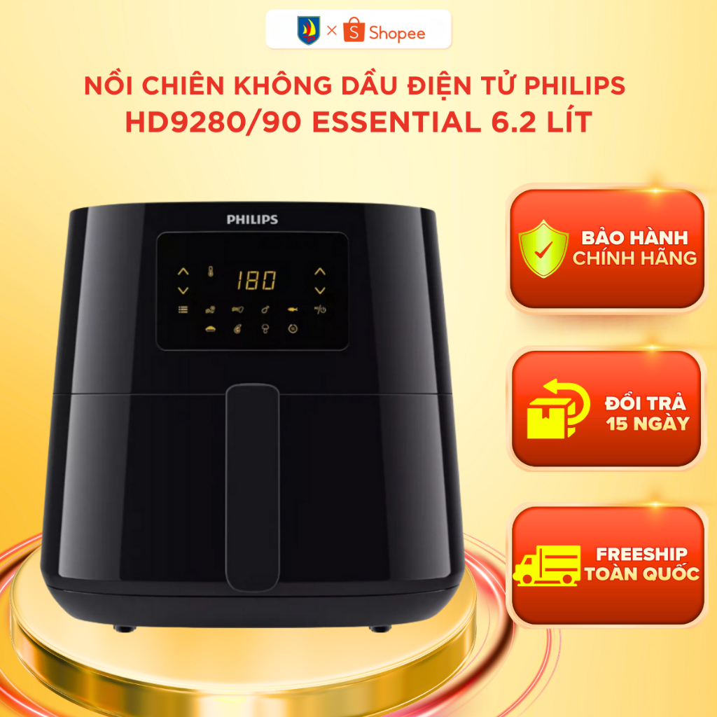 Nồi chiên không dầu điện tử Philips 6.2L - HD9280/90 Essential size XL Digital, Chiên Chống Dính, Bảo Hành 2 Năm