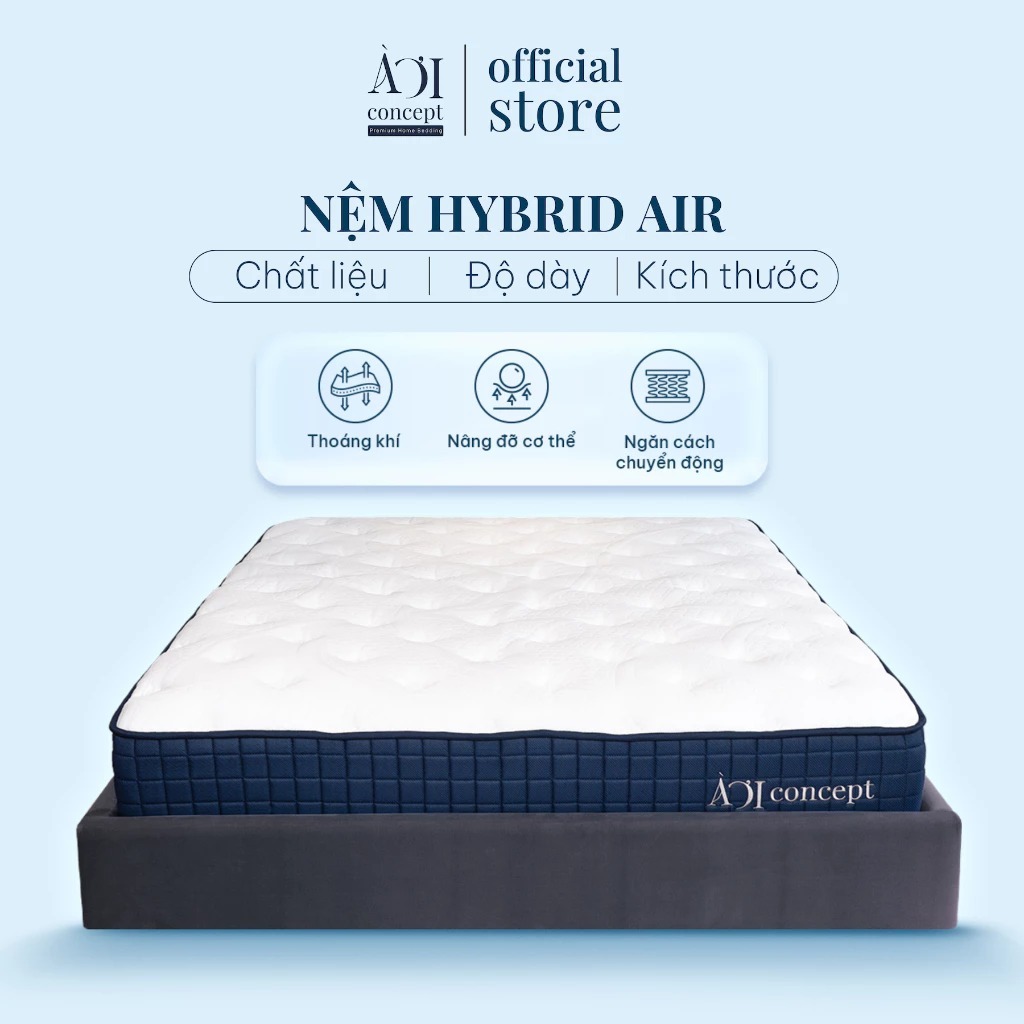 Nệm Hybrid Air Latex AOICONCEPT Size 1m6 & 1m8 cao 25cm Lò Xo Túi Độc Lập 5 Vùng Memory Foam Gel và 