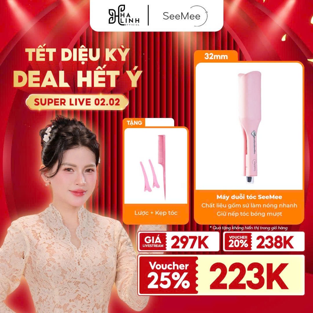 [VHL x SeeMee] Máy uốn tóc xoăn sóng nước Hippie SeeMee,trục 32mm,tóc bồng bềnh đẹp chuẩn salon -Tặn