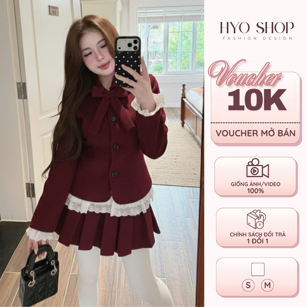 Set dạ ép cúc bọc cao cấp mix chân váy xếp ly phối ren mặc noel, tết - HYO SHOP