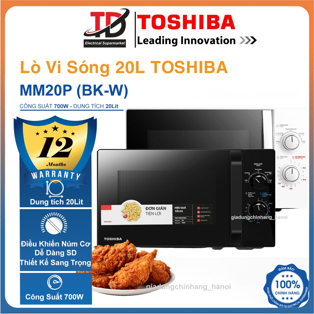 Lò Vi Sóng Toshiba MW2-MM20P(BK-W), 20Lit - 700w, Núm Cơ Dễ Sử Dụng, Hàng Chính Hãng