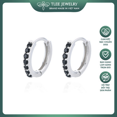 Khuyên tai bạc nữ TLEE tròn bấm dày đính 7 viên đá nhỏ xinh xắn hai màu đen trắng TLEEJEWELRY