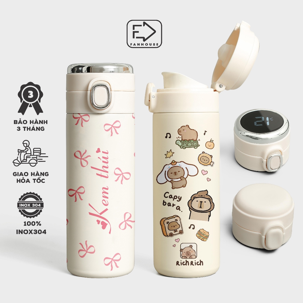 Bình giữ nhiệt Easy Cup khắc tên 420ml bình nước giữ nhiệt Fan House inox 304 hiển thị nhiệt độ