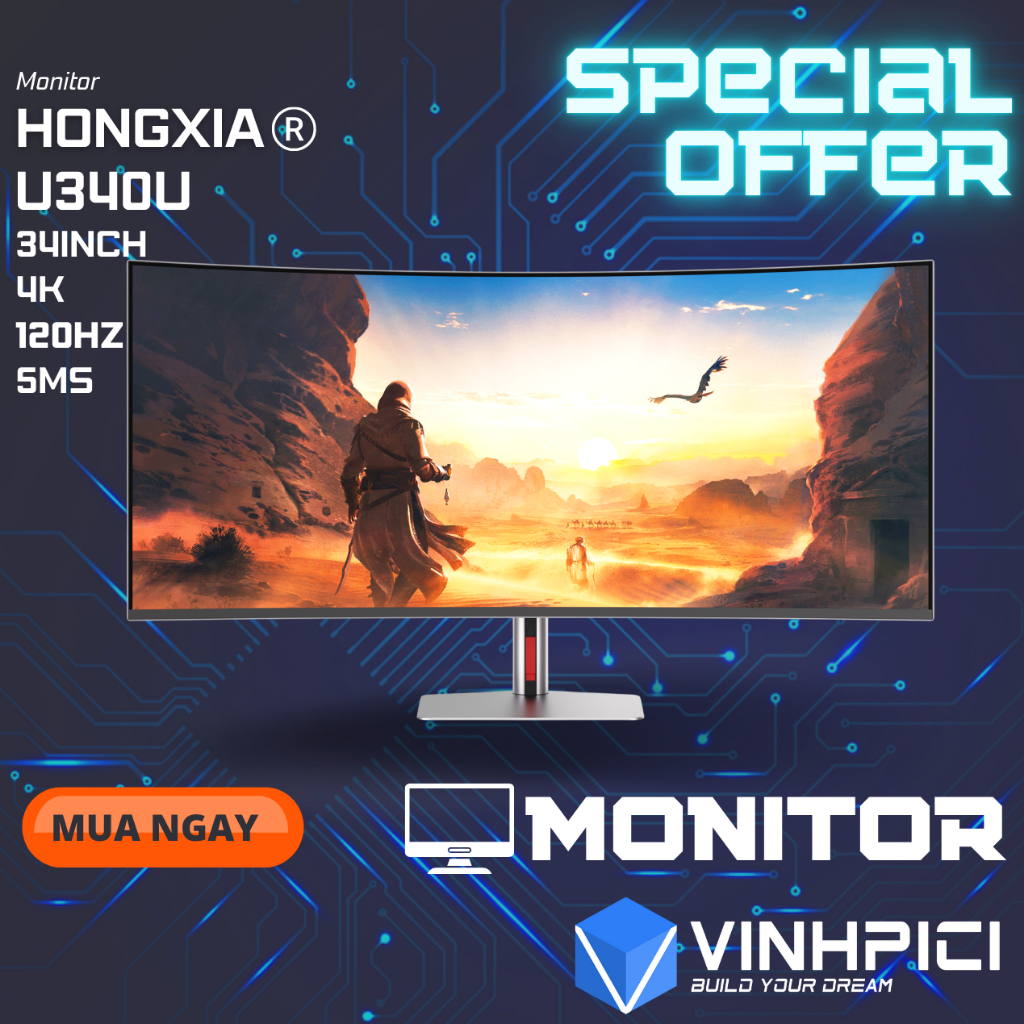 Màn hình HONGXIA U340U (34inch/4K/Black-IPS/120Hz/5ms/Type-C 65W) Chuyên đồ hoạ Ultrawide
