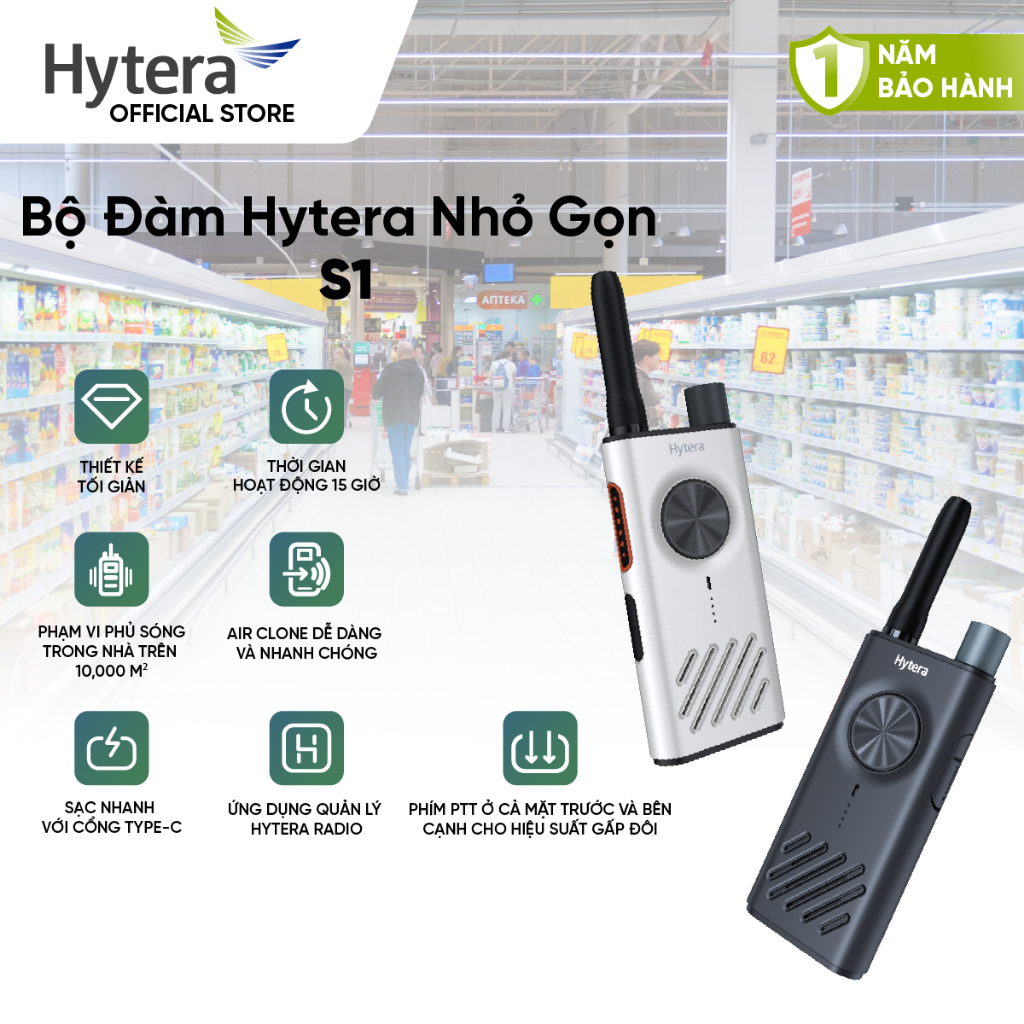 Bộ Đàm Hytera S1 | Analog | 48 Kênh | Bluetooth BLE 5.0 | Pin Lớn | Bán Lẻ – Kho Bãi – Siêu Thị