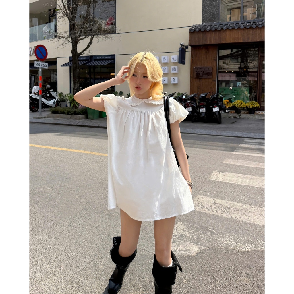 Set áo baby doll tay phồng Snowy Set x Quần bảo hộ - Noneah