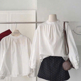 Áo Sơ Mi Trắng Cổ Tròn Oversize  Chạy Viền Tay Bèo Dáng Mới