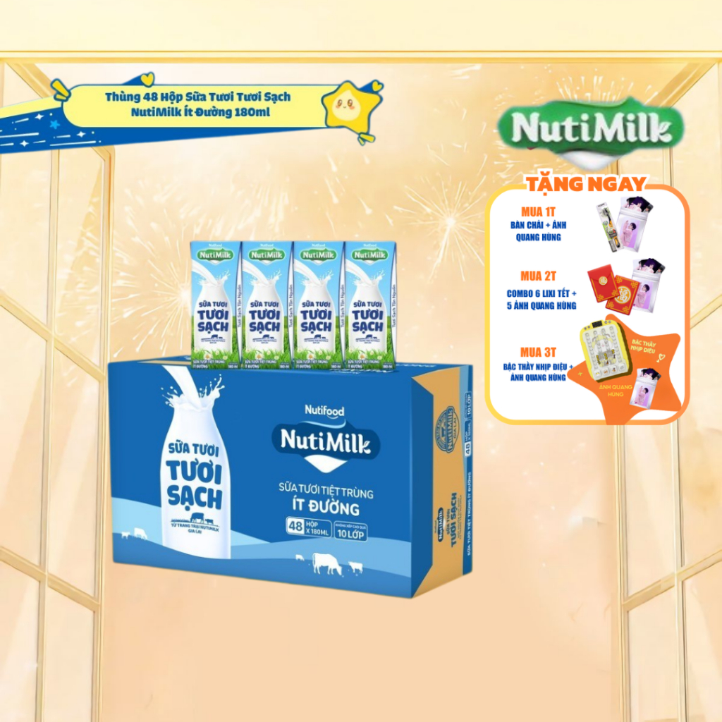 [CÓ QUÀ] Thùng Sữa Tươi Tươi Sạch NutiMilk Ít Đường 180ml (Hộp 180ml x 48)