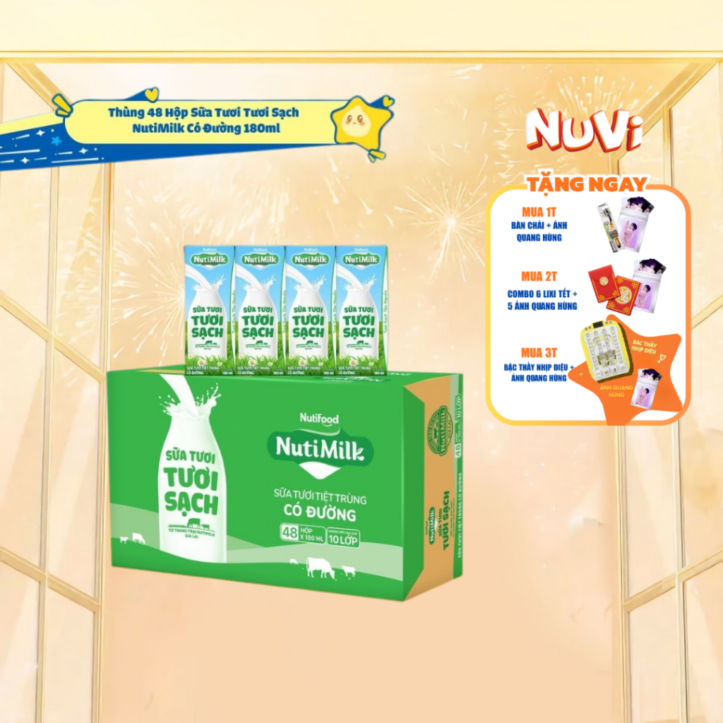 [CÓ QUÀ] Thùng Sữa Tươi Tươi Sạch NutiMilk Có Đường 180ml (Hộp 180ml x 48)
