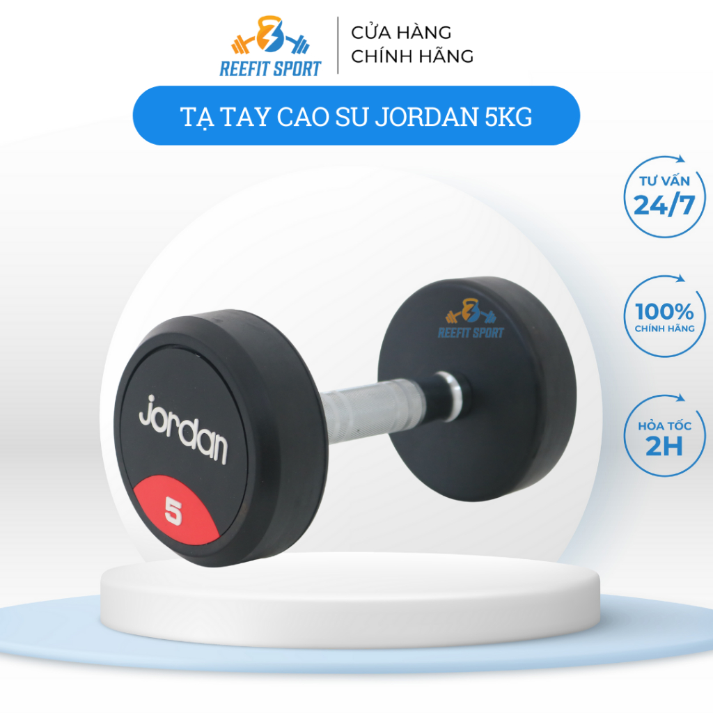 Tạ Tay Cao Su Jordan 5kg Cao Cấp ,Tay Cầm Mạ Inox –  Hàng Nặng Chuẩn, Bền Đẹp (1 cục)