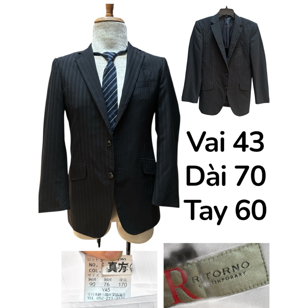 🍁 B39 Áo Khoác Blazer Nam Xanh Đen sọc dọc1m70 thoáng mát Hè Thu 2hands( 🍁Hàng Si Nhật)