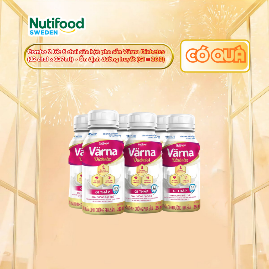 Combo 2 lốc 6 chai sữa bột pha sẵn Värna Diabetes (12 chai x 237ml)  - Ổn định đường huyết (GI = 26,