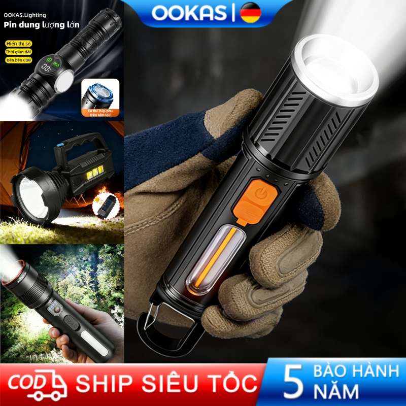 OOKAS Đèn pin siêu sáng, chiếu xa 500m, pin 8000mAh trâu, chống nước IP65 Được , Dành riêng cho ngoà
