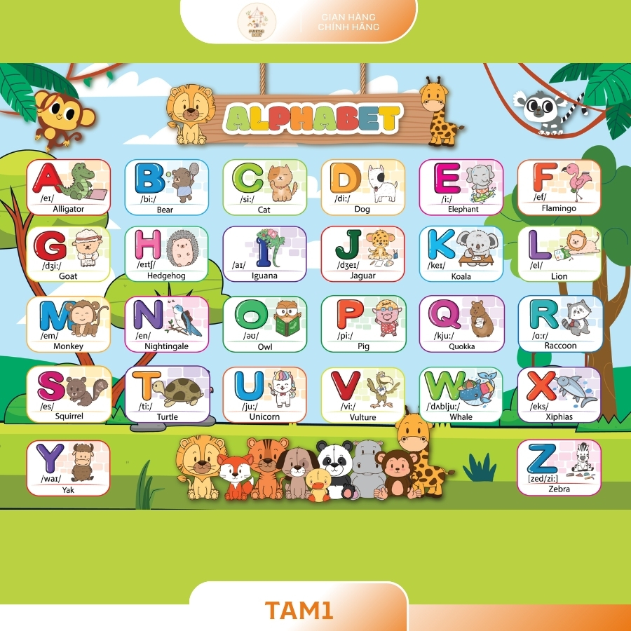 Bảng chữ cái Tiếng Anh theo Alphabet Sinh Động Giúp trẻ làm Quen Mặt Chữ A3 Decal Dán