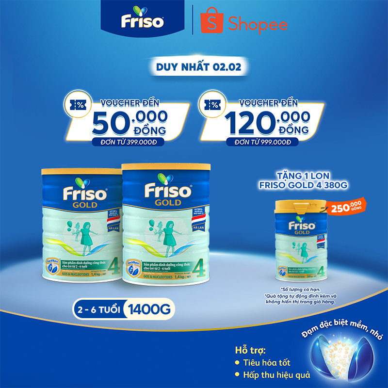 [Tặng 1 Lon Friso Gold 4 380gr] Combo 2 Sữa Bột Friso Gold 4 1400g