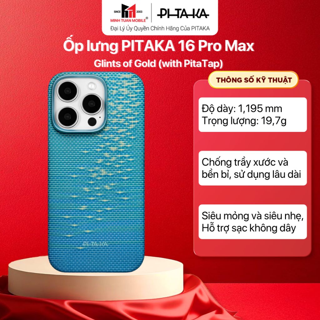 Ốp Lưng 16 ProMax  PITAKA Glints of Gold (with PitaTap) Sạc từ tính không dây có PitaTap™