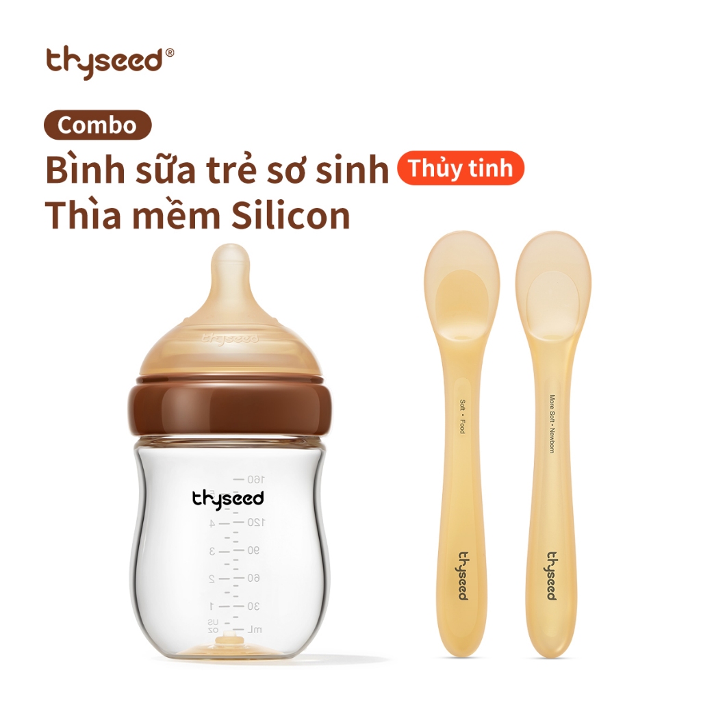 [Combo] Thìa mềm Silicon Thyseed + Bình sữa Thủy tinh cho trẻ sơ sinh 160ml/240ml