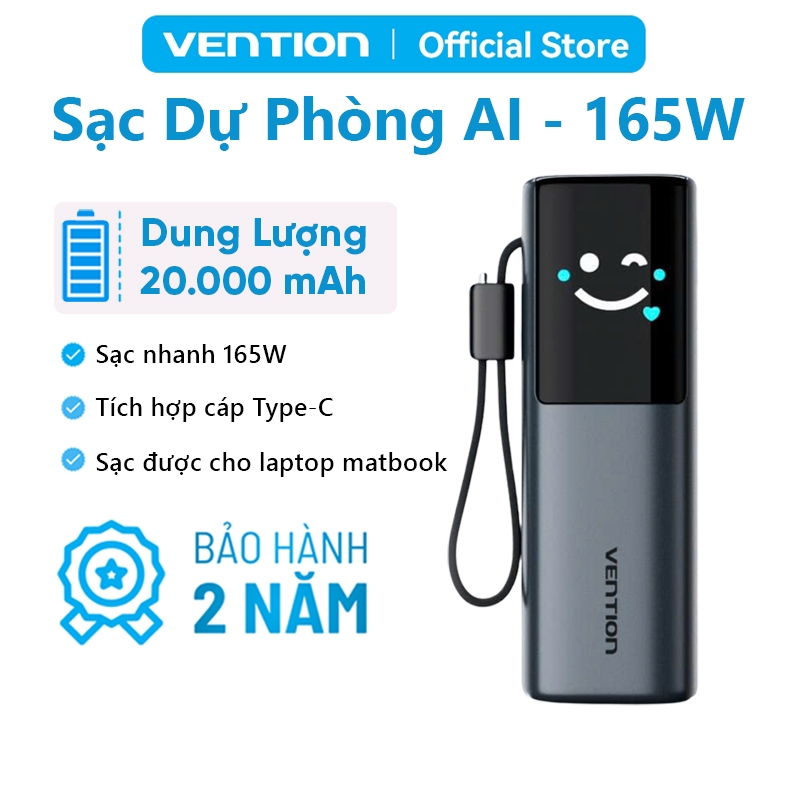 Pin Sạc Dự Phòng 165W 20000mAh Vention Sạc Được Laptop MatBook, Dây Type-C Tích Hợp, Màn Hình AI, 2 