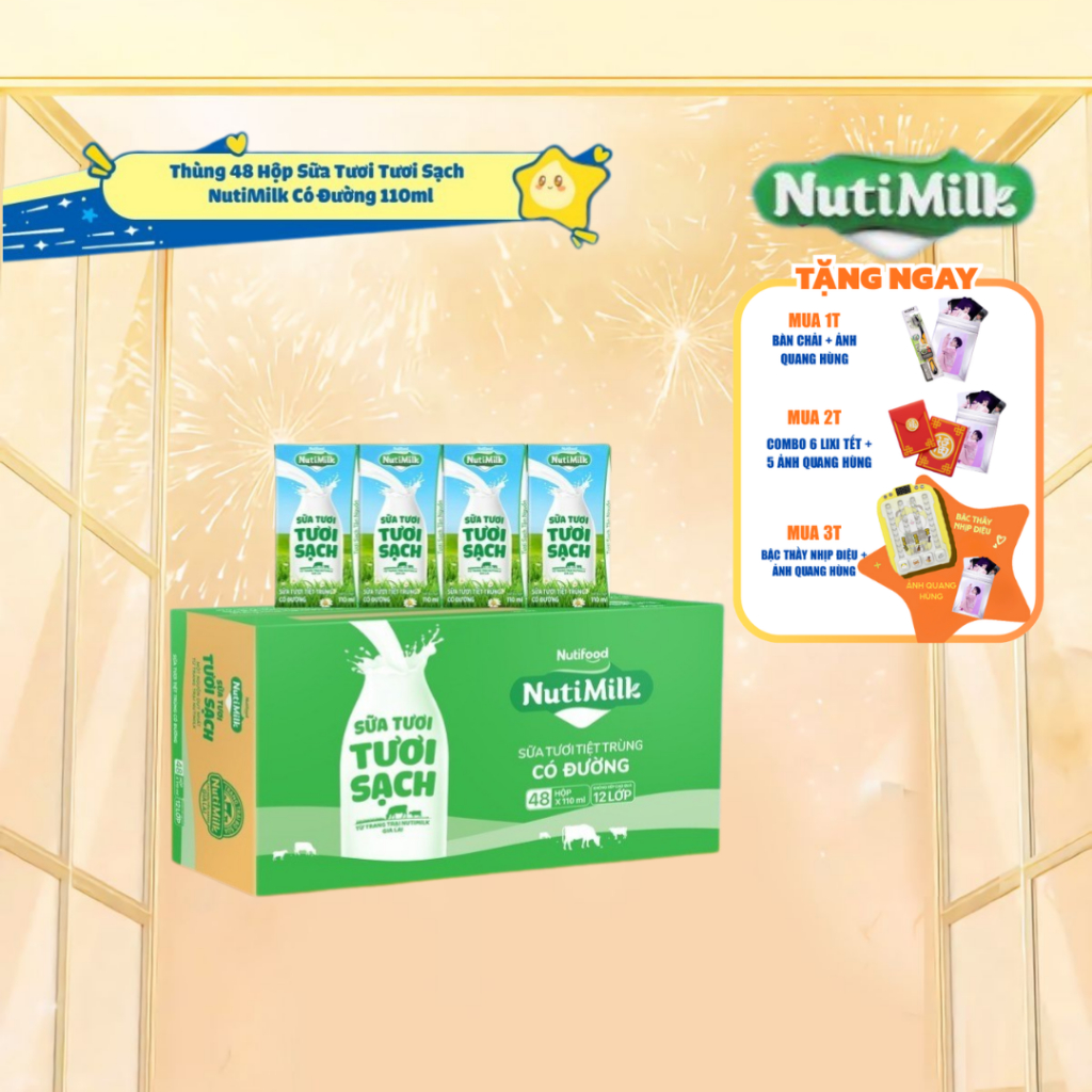[CÓ QUÀ] Thùng Sữa Tươi Tươi Sạch NutiMilk Có Đường 110ml (Hộp 110ml x 48)