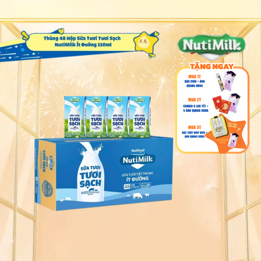 [CÓ QUÀ] Thùng Sữa Tươi Tươi Sạch NutiMilk Ít Đường 110ml (Hộp 110ml x 48)