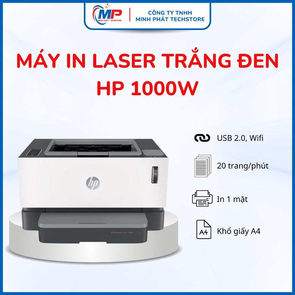 Máy In Laser Trắng Đen Neverstop 1000W Wifi (4RY23A) - Bản in rõ nét, chất lượng cao máy in bằng wif
