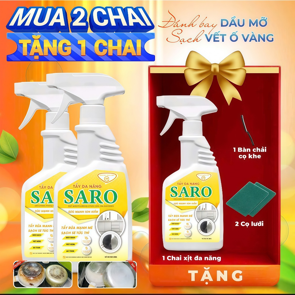 Siêu Xịt Tẩy Rửa Đa Năng SARO Loại Bỏ Mọi Vết Bẩn, Khử Mùi, Sạch Sâu Chai 500ML (Tặng Miếng Cọ Tẩy)